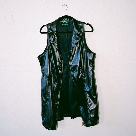 Vintage Late 90s/Y2K Tripp NYC Black Vegan Faux Leather Zip-Front Dress – XXL - Picture 6 of 8